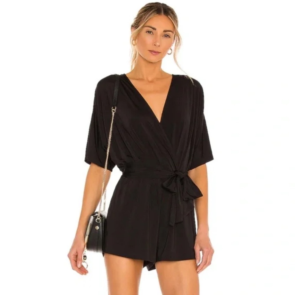 Lovers and Friends Black Nighttime Sky Stretchy Dolman Sleeve Faux Wrap Romper